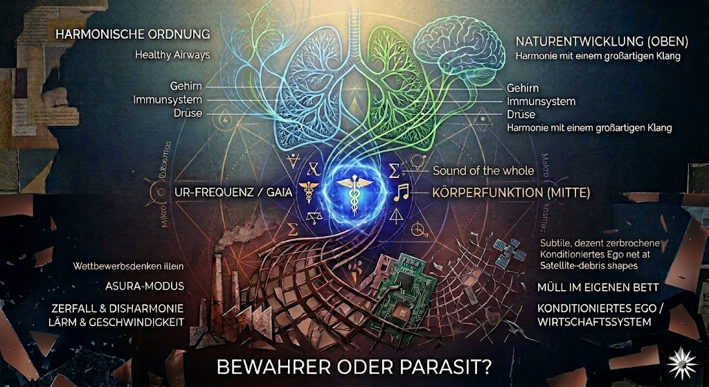 Abstrakte KI-generierte Collage, die den zerbrochenen Spiegel als symbolische Brücke zwischen der harmonischen Ordnung der Natur (oben) und der disharmonischen Technokratie des „Asura-Modus“ (unten) nutzt.